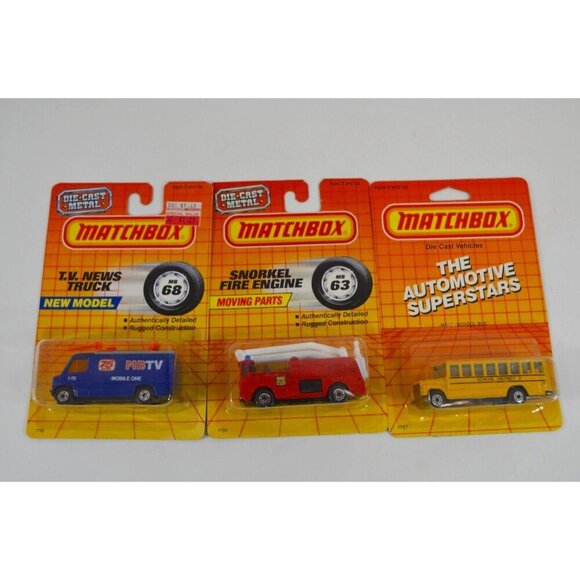 Matchbox TV News Truck Snorkel Fire Engine School Bus Diecast Car Lot of 3 New - Picture 1 of 9